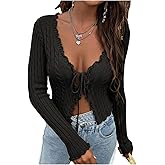 SHENHE Women's Ruffle Cardigans Sweater Y2k Tie Front Long SleeveCable Knit Crop Sweater Bolero Coffee Brown Small