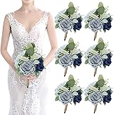 SEMONONIA Bridesmaid Bouquets for Wedding 7 inch- Set of 6 Artificial Flowers Bouquet Navy & Blue Rustic Wedding Small Floral Centerpieces for Marriage Proposal Party Anniversary Dining Table Decor