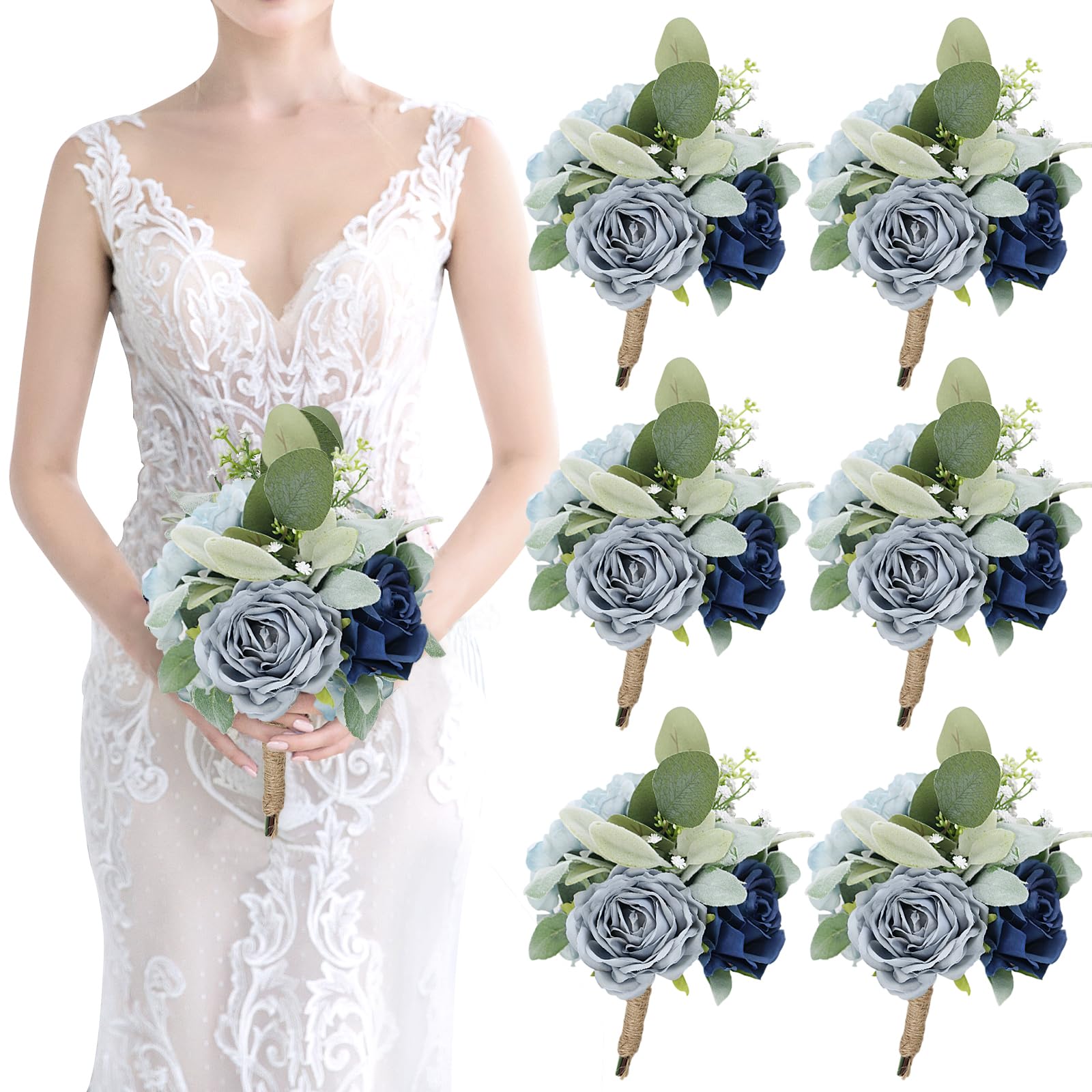 Photo 1 of SEMONONIA Bridesmaid Bouquets for Wedding 7 inch- Set of 6 Artificial Flowers Bouquet Navy & Blue Rustic Wedding Small Floral Centerpieces for Marriage Proposal Party Anniversary Dining Table Decor