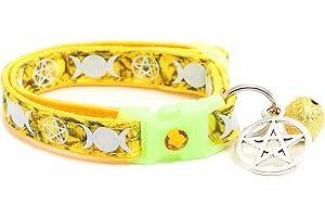PUGS TO PERSIANS Wicca Cat Collar with Occult Charm & Bell | Witch’s Familiar Cat Collar | Witch Kitten Collar Charms | Glow in The Dark | Safety Breakaway Collar (Small(10lbs & Less), Topaz)