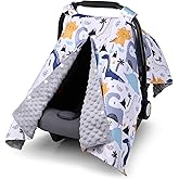 Rquite Baby Car Seat Cover, Carseat Covers Baby Boy, Minky Infant Car Seat Cover Winter, Peekaboo Opening Car Seat Canopy, Multi-use Baby Carrier, Stroller, Nursing Cover, Minky Blanket, Dinosaur