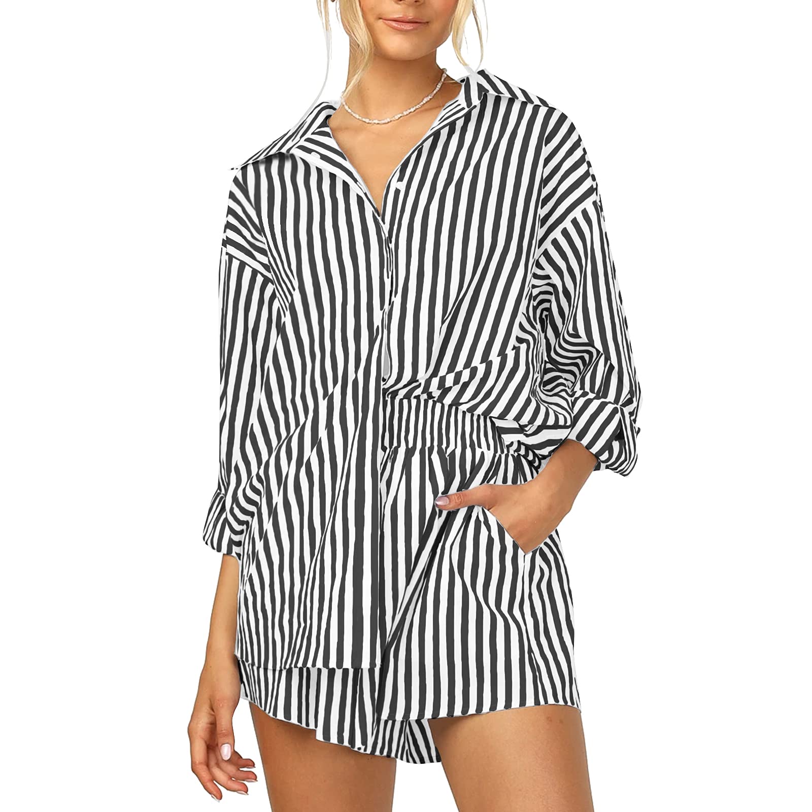 Women’s Two-Piece Set with Relaxed Shirt and Shorts