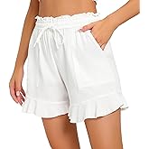 EZPERY Womens Summer Linen Shorts Wide Leg High Waisted Ruffle Draswtring Beach Flowy Shorts with Pockets