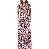 MISFAY Women Short Sleeve Loose Plain Maxi Dresses Casual Long Dresses Pockets(BK RD PK Floral,S)