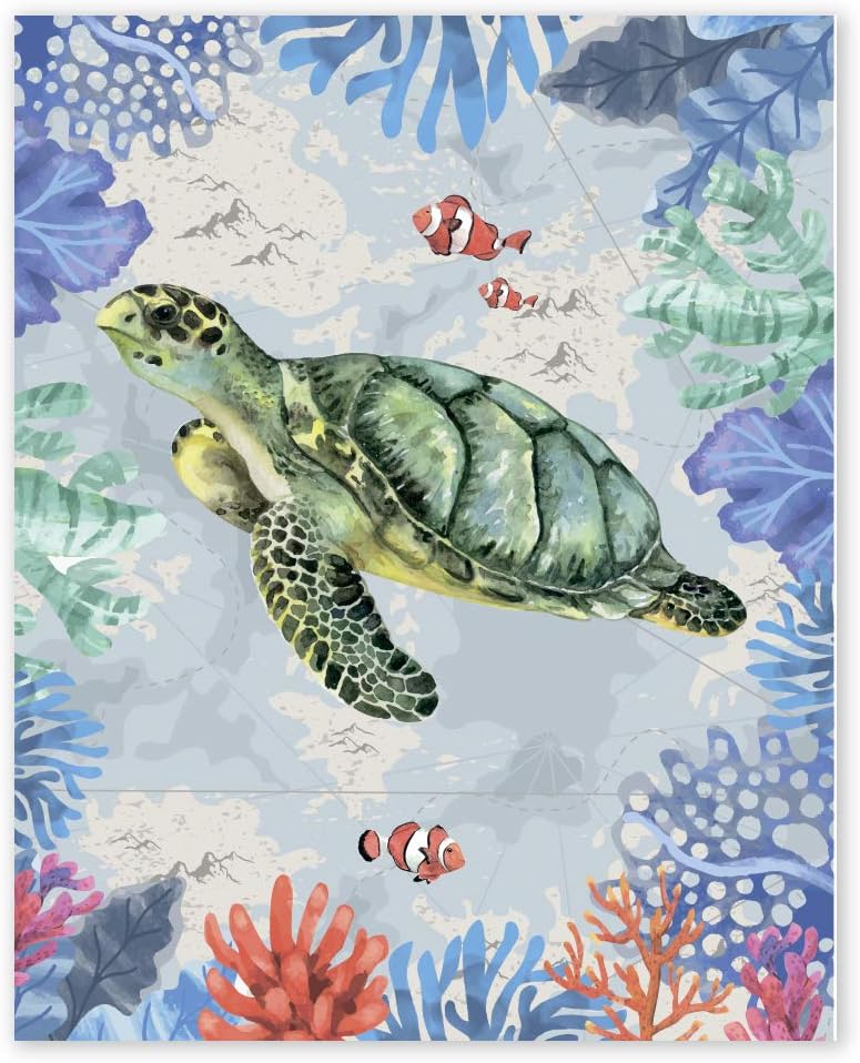 Sea Turtle Pictures Wall Art - Unframed 8x10 in - Beach Theme Artwork Prints for Bathroom - Navy Seascape Nautical for Bedroom Living Room Bedroom Home Office Decorations