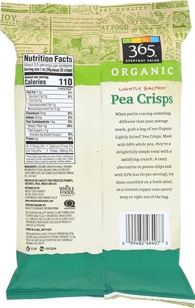 365 BY WHOLE FOODS MARKET, ORGANIC LIGHTLY SALTED PEA CRISPS, 3.3 OZ