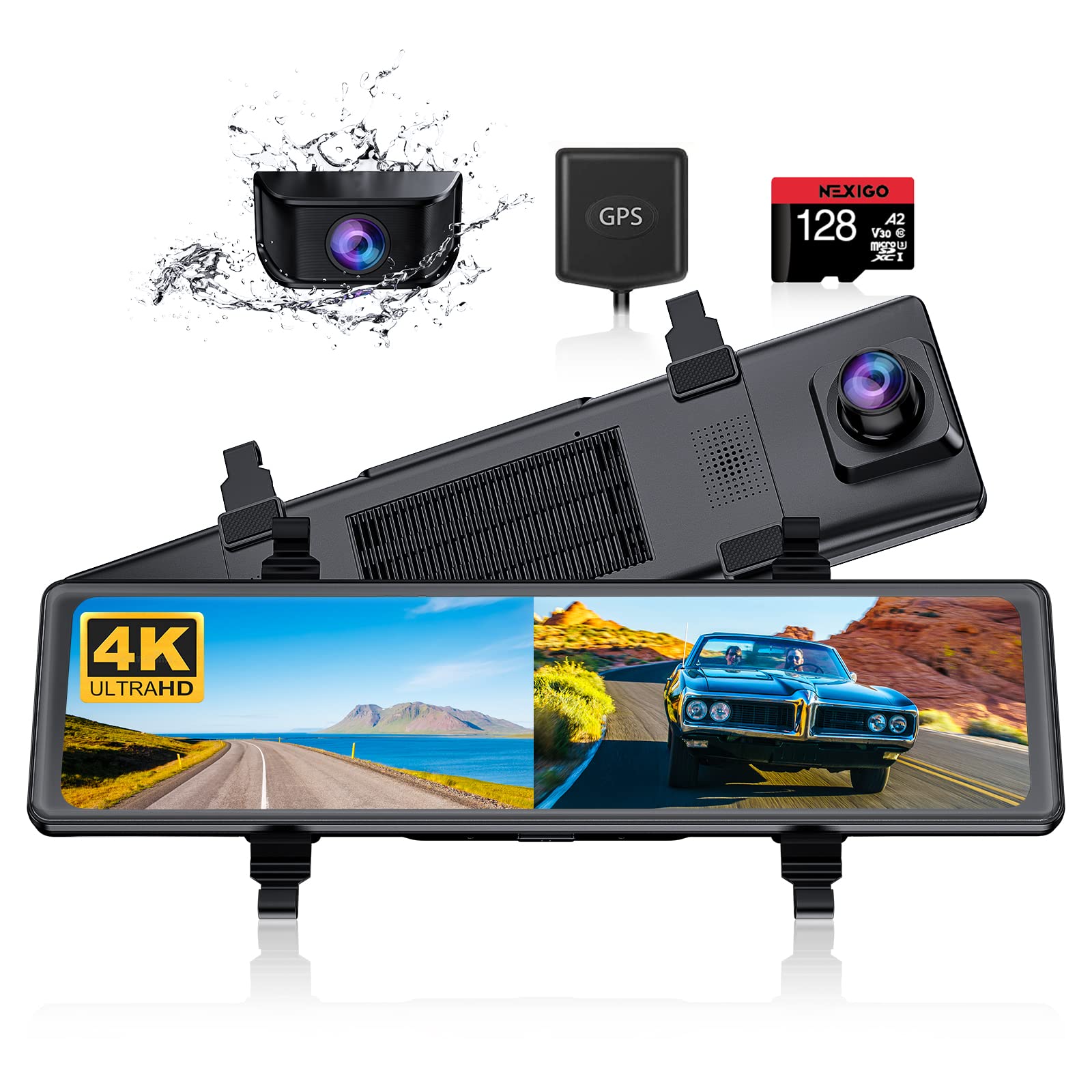 Photo 1 of NexiGo D90 (Gen 2) True 4K Mirror Dash Cam with Dual Sony_Sensors, 12 Inch IPS Full Touch Split Screen, Super Night Vision, G-Sensor & Emergency Recording, GPS, Parking Monitor/Assistance