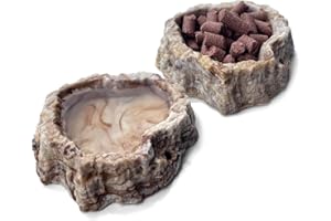 ACCELEAH 2 Pack Reptile Food Bowls - Reptile Water and Food Bowls with Tongs Imitating Natural Rock，Breadworm Feeding for Leopard Gecko Lizard Spider Scorpion Chameleon (2 Pcs Light Color)