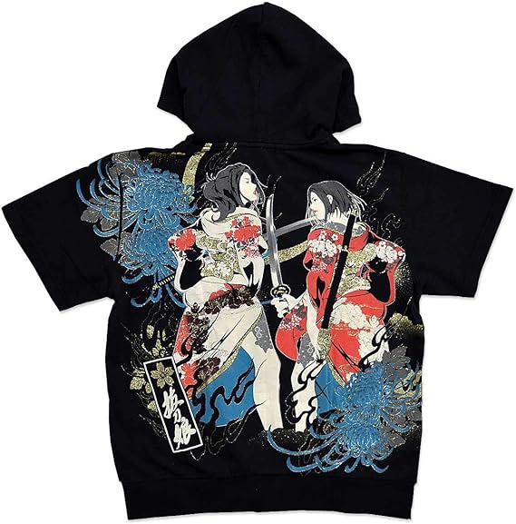 Amazon Co Jp バットウムスメ 抜刀娘 抜刀娘 一触即発半袖パーカー 抜刀娘 和柄 和風 スエット 夏 メンズ 着物 ブラック Xl 服 ファッション小物