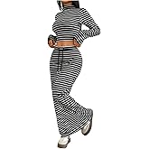 winkbay Women's 2 Piece Striped Sets Long Sleeve Crop Top and Bodycon Maxi Skirt Casual Fall Outfits