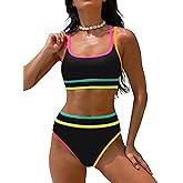 popvil Women's High Waisted Bikini Sets Neon Two Piece 2026 Swimsuit Sporty Adjustable Straps Bathing Suit