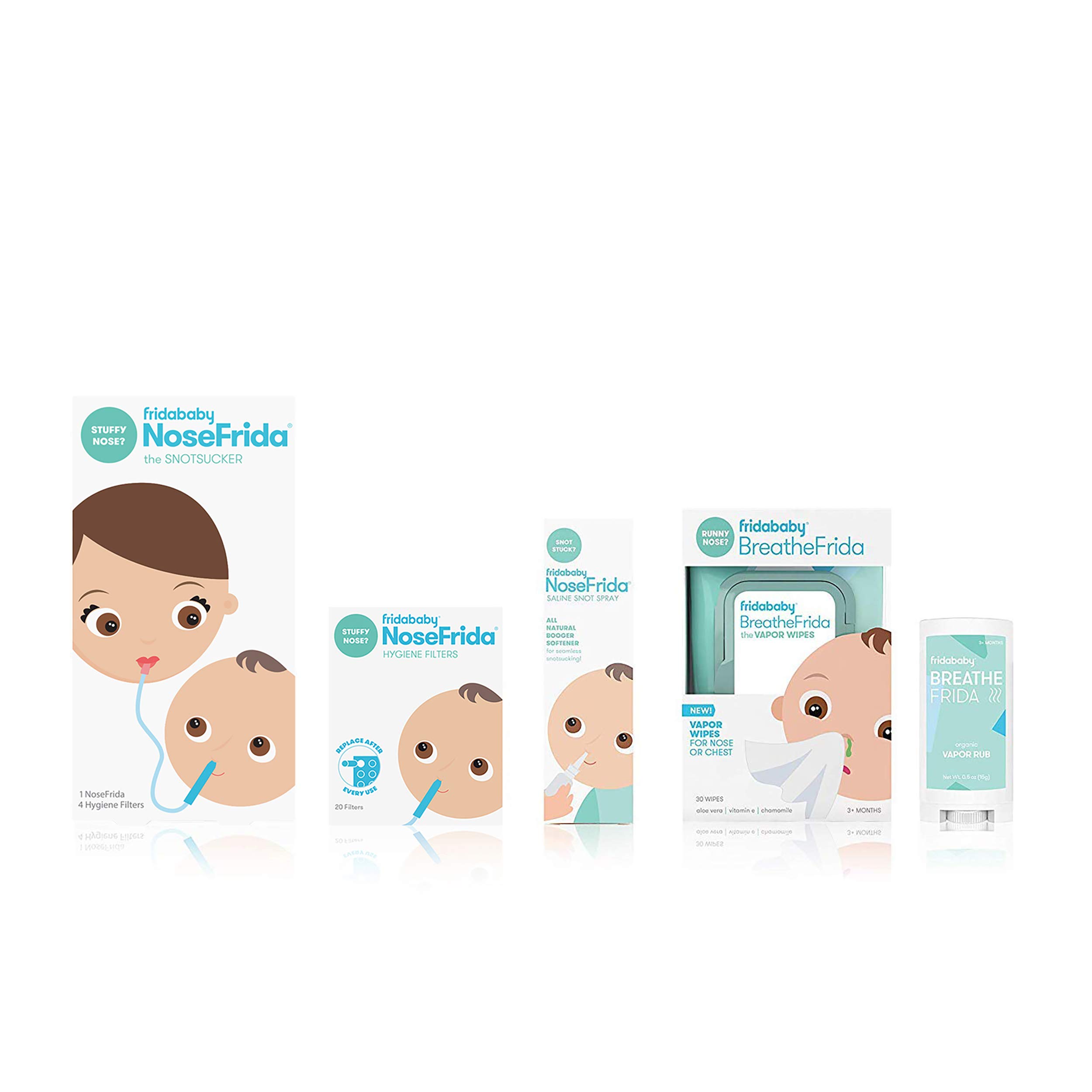 Frida Baby Cold and Flu Relief Set, Congestion Relief Kit, Includes the NoseFrida Nasal Aspirator, Hygiene Filter, Saline Nasal Spray, Baby Vapor Rub & Vapor Nose & Chest Wipes