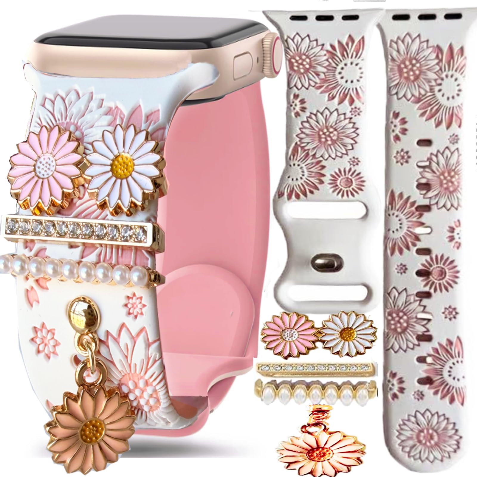 Sunflower Heart Pink Band With Charms Compatible Apple Watch Engraved Women 41mm 40mm 38mm 44mm 45mm 46mm 42mm 49mm,Valentine Floral Dressy Bling Silicone Strap for iphone Watch Series 11 10 9 8 7 6 5 4 Ultra SE 3 2 1-spink42