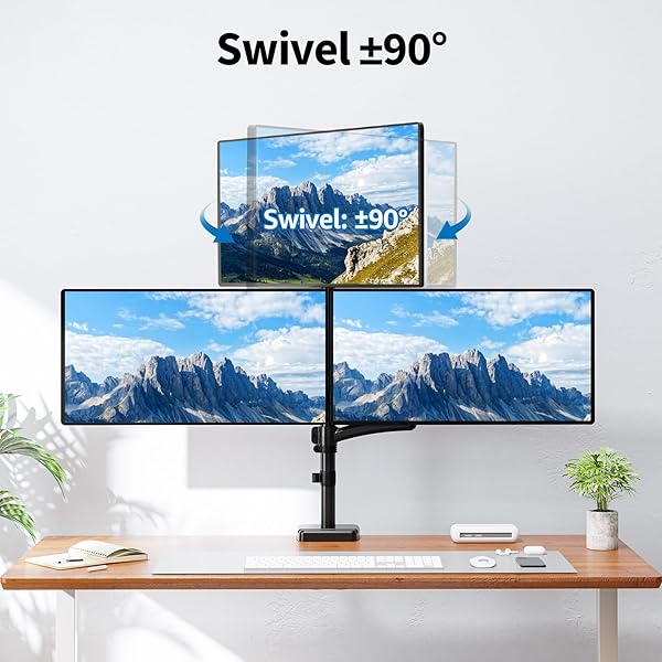 ERGOFOCUS TRIPLE MONITOR MOUNT FITS MAX 32″ COMPUTER SCREEN, HOLDS UP TO 17.6LBS EACH ARM, 3 MONITOR DESK MOUNT, TRIPLE STAND WITH TILT SWIVEL ROTATION, VESA MOUNT 75/100MM