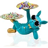 Huhote Resin French Bulldog Tray Statue, Lying Bulldog Candy Dish Key Holder Bowl, French Bulldog Accessories, Statues for Office Desk Home Decor Figurines Entryway Table Decor (Blue Green)