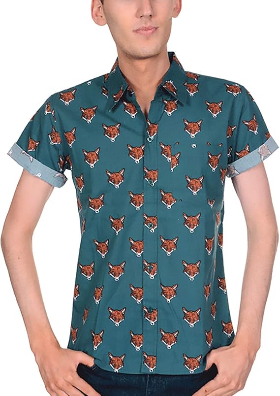 Run & Fly Mens Green Fox Print Short Sleeved Shirt Preppy Prep VTG