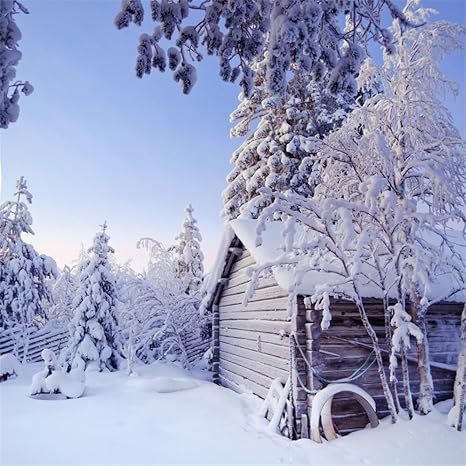 Ofila Winter Snow Backdrop 5x5ft Log Cabin Fir Trees Amazon Co Uk