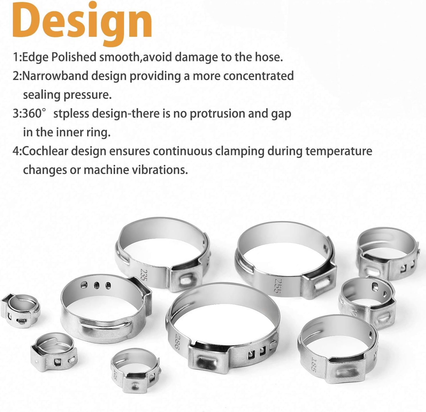 VIGRUE 115Pcs 304 Stainless Steel Single Ear Hose Clamps, 6-28.6mm Stepless Hose Clamps with Ear Clamp Pincer, Cinch Rings Crimp Hose Clamps Assortment Kit for Water Pipe, Plumbing and Automotive Use - - 