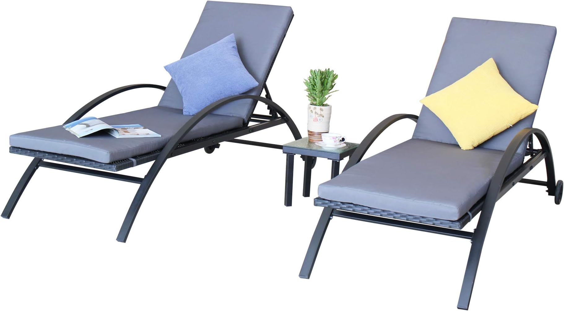 Baner Garden CH-22 3 Piece Adjustable Outdoor Chaise Lounge Chair Recliner Patio Furniture set with Wheels and cushions, Black