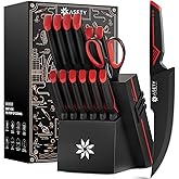 Knife Set - 15 PCS Kitchen Knife Set with Built-in Knife Sharpener Block - Stainless Steel Knife Block Set - Dishwasher Safe, Elegant Box for Men Women, Red