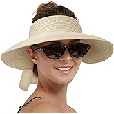Creekstone Sun Visor Hats for Women Straw Visor Wide Brim UV Protection Packable Summer Beach Hat Ponytail Travel UPF 50+
