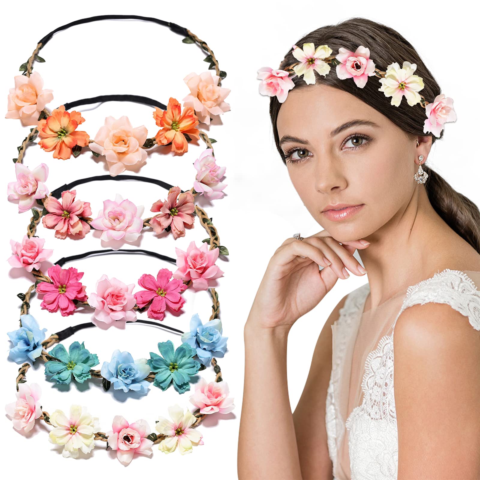 VEGCOO 5PCS Flower Crown Headbands, Multicolour Flower Hair Wreaths, Floral Headpieces, Festival Hair Accessories for Women Girls, Party, Wedding, Festival
