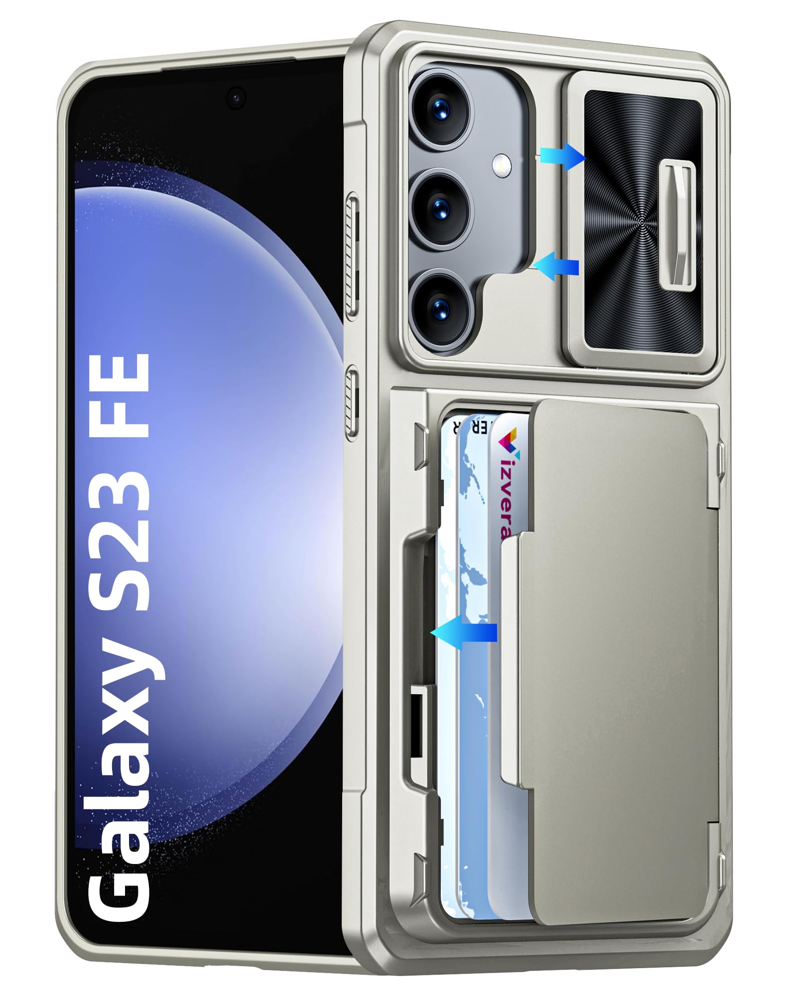 Vizvera for Samsung Galaxy S23 FE Case Wallet, RFID Cards Holder & Camera Cover & Kickstand for Women Men, Full Body Rugged Shockproof Silicone Case for S23 FE 6.4" 2023 Only-Natural Titanium