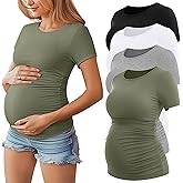 Huukeay 4 Pack Women's Maternity Shirts, Crew Neck Maternity Top Short Sleeve Casual Cotton Tee Side Ruched Pregnancy Clothes