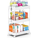 SPACEKEEPER Storage Rolling Cart, 3 Tier Laundry Room Organization Utility Cart Bathroom Organizer Mobile Shelving Unit Shelves Multi-Functional Trolley, White