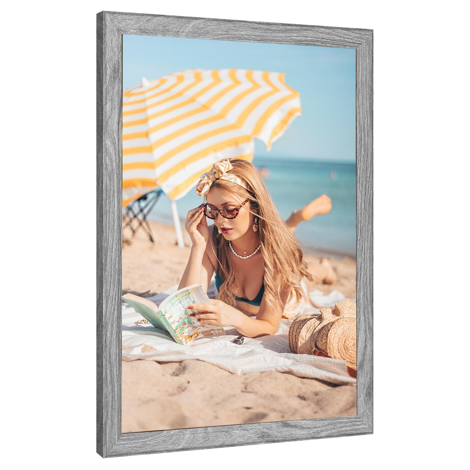 Photo 1 of 16x24 Wood Frame Grey, Rustic Natural 24x16in Woodgrain Picture Poster Frame, Modern Gray 16 x 24inch Gallery Wall Pic Photo Frame with HD Plexiglass, Horizontal Vertical Wall Mounting Display 1pcs