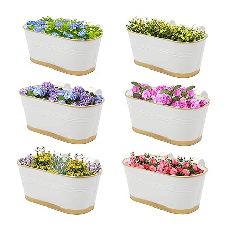 AMNA GARDENS Metal Railing Planters with Detachable Handle, White, 30.5 x 15 x 12.5 cm, 6 Pieces, Balcony Metal planters