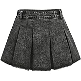 WDIRARA Girl's Casual High Waisted Pleated Denim Skirt Raw Hem A Line Mini Skirts