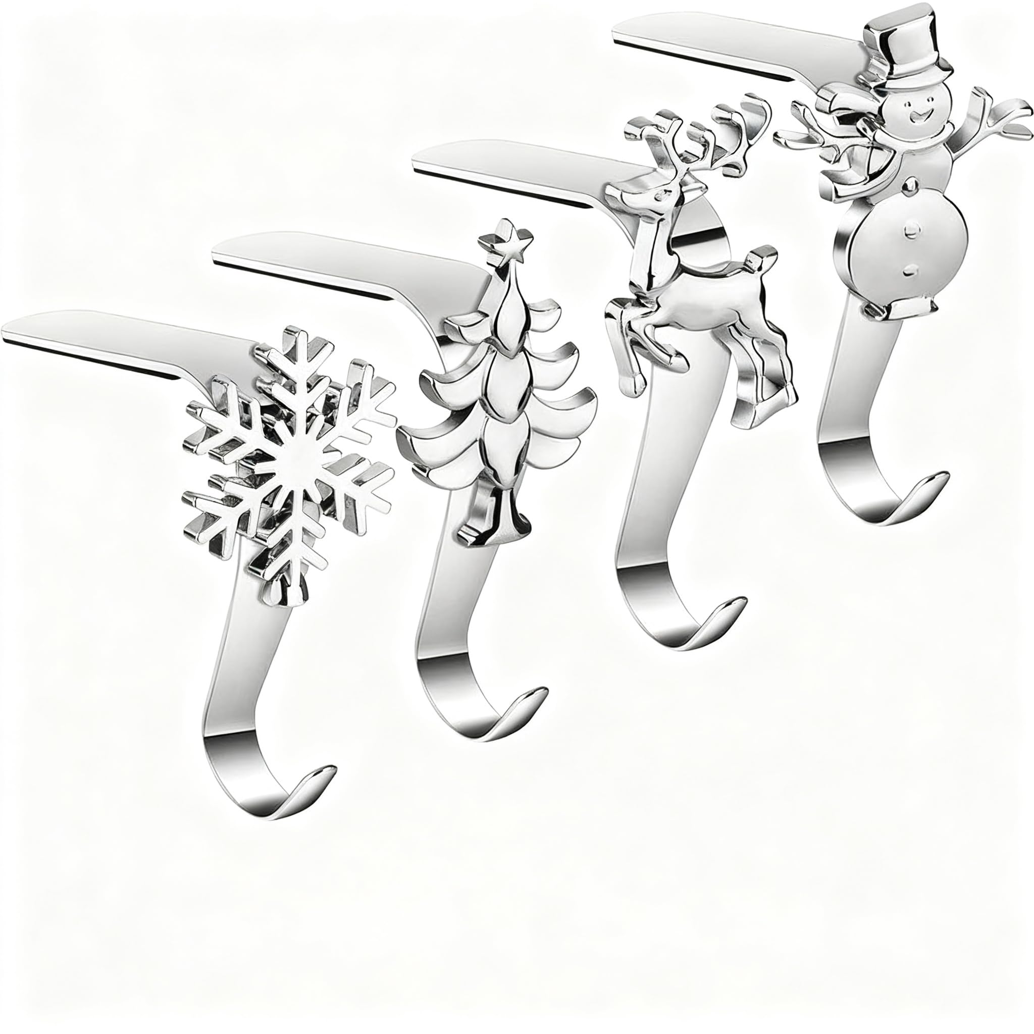 Hysagtek 4PCS Christmas Stocking Hangers - Silver Metal Stocking Holders for Fireplace Snowflake Reindeer Snowman Xmas Tree Mantel Garland Hangers for Shelf Table Edge Home Christmas Decoration