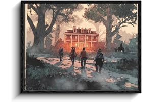 WOXZQ Red Dead Redemption Style Outlaw Squad Approaching Mansion Western Game Art Poster for Gaming Room Home Decor Canvas Illustration 15x12 Inch