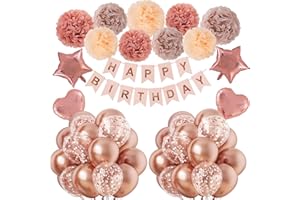 RUBFAC Rose Gold Birthday Decorations for Women and Girls, Rose Gold Party Decorations Set,Happy Birthday Banner, Metallic Rose Gold Confetti Balloons, Foil Balloons