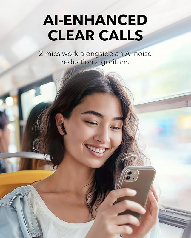 K20i di Anker, auricolari wireless semi-in-ear, Bluetooth 5.3, 36 ore di riproduzione, ricarica rapida, suono nitido e chiamate con 2 microfoni ENC, EQ personalizzata, IPX5, controllo app