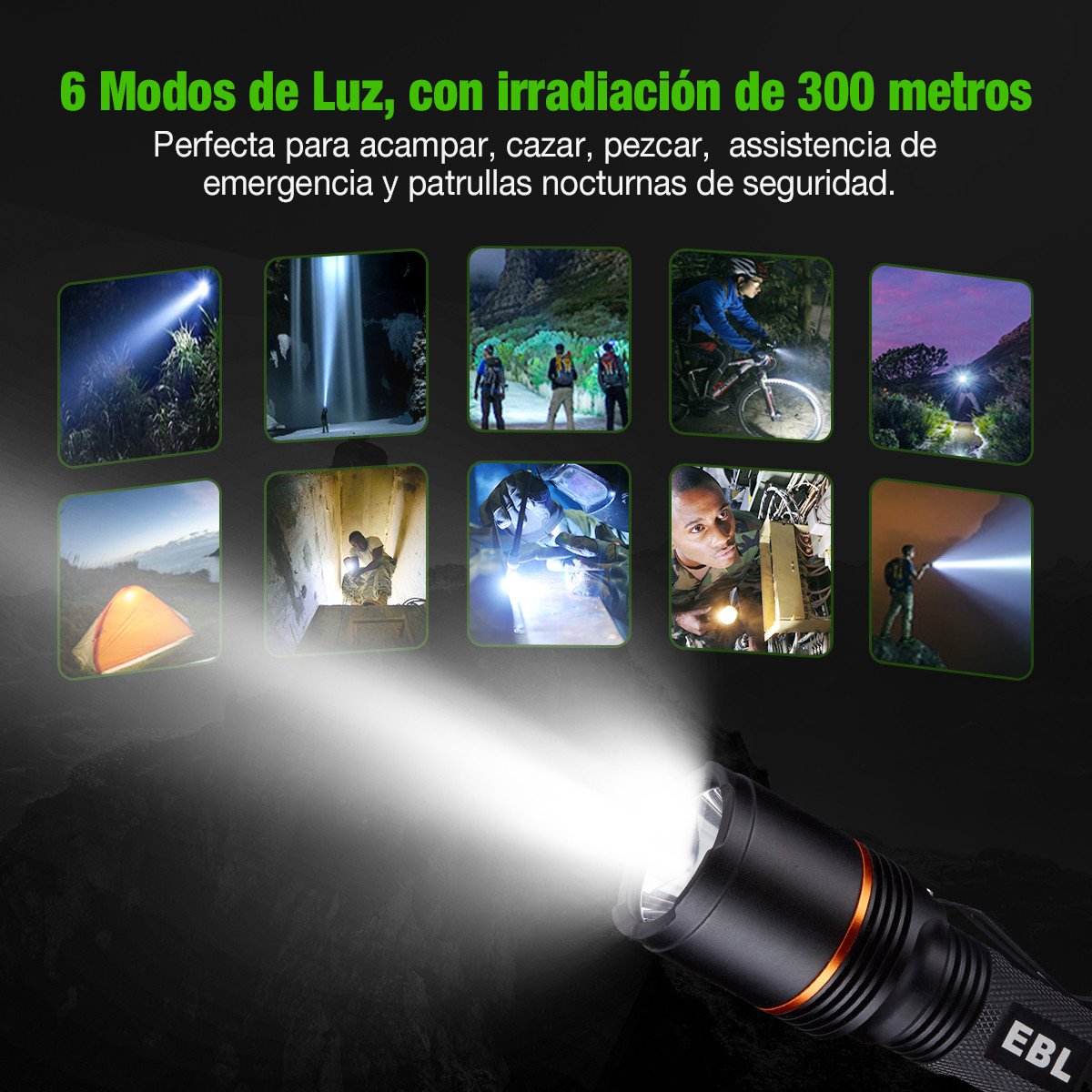 EBL 950 Lumen Linterna LED USB Recargable Impermeable IP68 con 6 modos, 2 Unidades 18650 Baterías para Ciclismo, Acampada, Senderismo, Montañismo