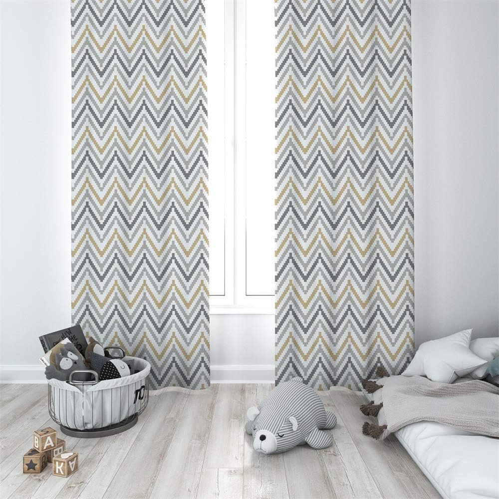 Ruifulex Blackout Curtains Window Curtain Villa Home Decoration Personalised Print, Simple Nordic Yellow Gray Geometric Wave W75xL180cm 2 pieces