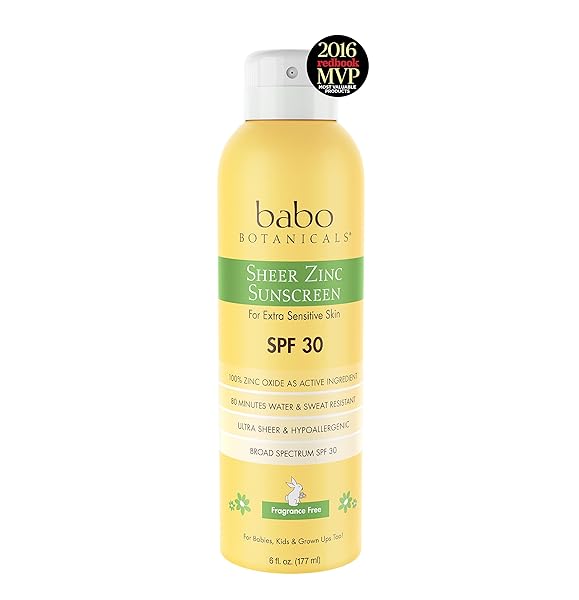BABO BOTANICALS SHEER ZINC CONTINUOUS SUNSCREEN SPRAY SPF30 – NATURAL ZINC OXIDE – EXTRA SENSITIVE SKIN – WATER RESISTANT – VEGAN – FRAGRANCE-FREE – AIR-POWERED SPRAY – FOR ALL AGES