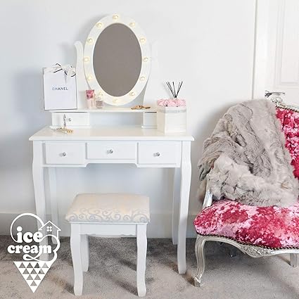 Icecreamliving Beverley Dior Luxury Dressing Table With Led Lights Vanity Mirror Stool 5 Drawers For Bedroom Makeup Jewellery Storage Set White