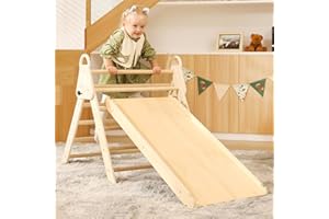 KIDHABE 3 in 1 Handled Pikler Triangle Set with 41in Slide & Ramp, Foldable Montessori Climbing Set, Wooden Climbing Toy for Toddler Indoor Baby Climbing Gym