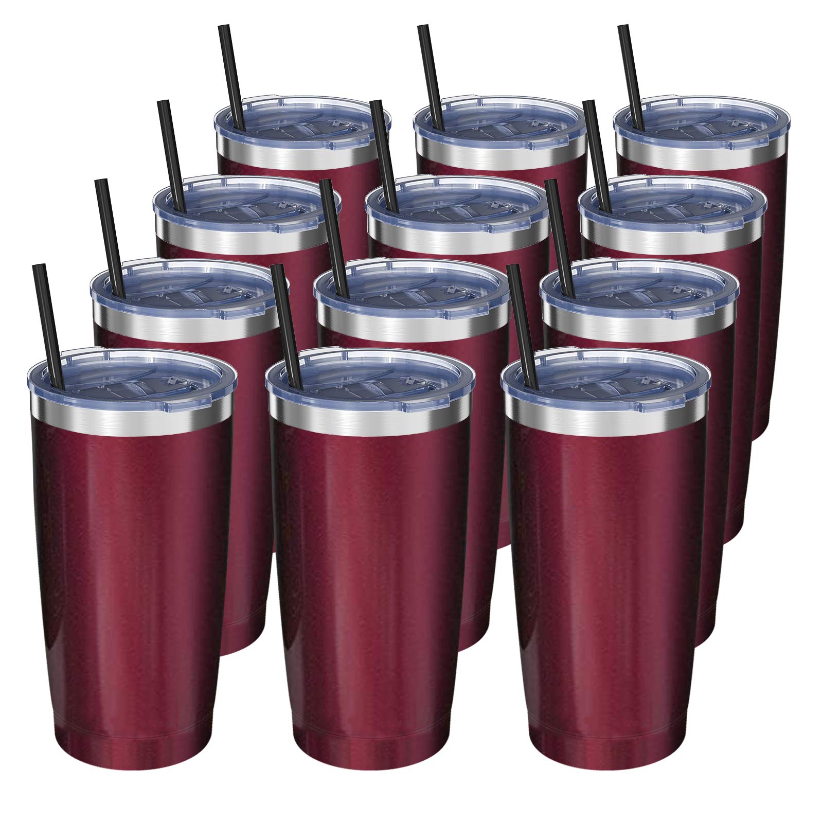 20oz Stainless Steel Tumbler with Lid, Aikico Double Wall Vacuum Coffee Cup, Travel Mug for Ice Drink & Hot Beverage, Insulation Travel Tumbler Cup with Straws, Glitter Wine Red/12 PACK