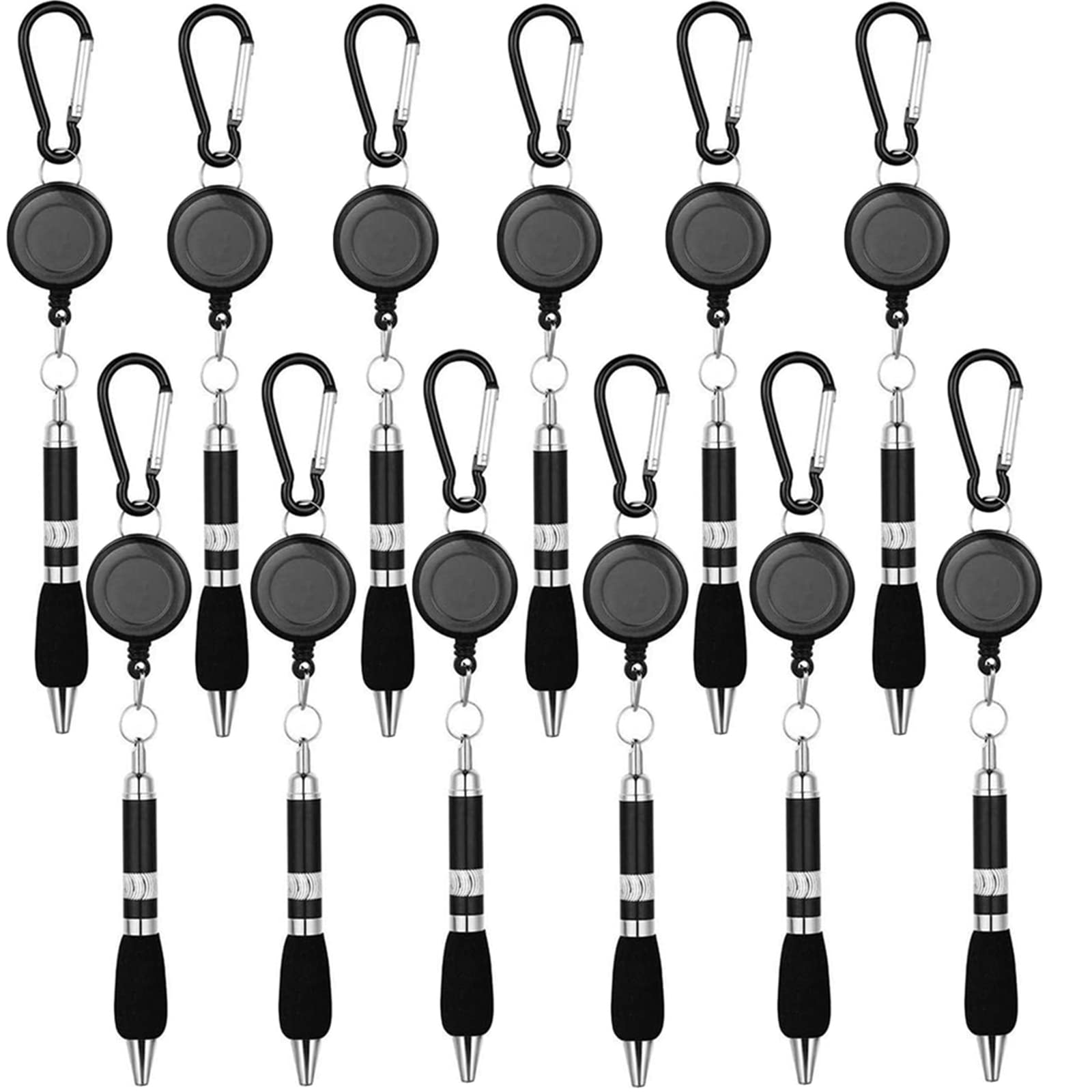 SevenMye 12 Pcs Clip On Pens Carabiner Pens Retractable Badge Reel Pen Belt Clip and Carabiner Keychain Ballpoint Pen, Black