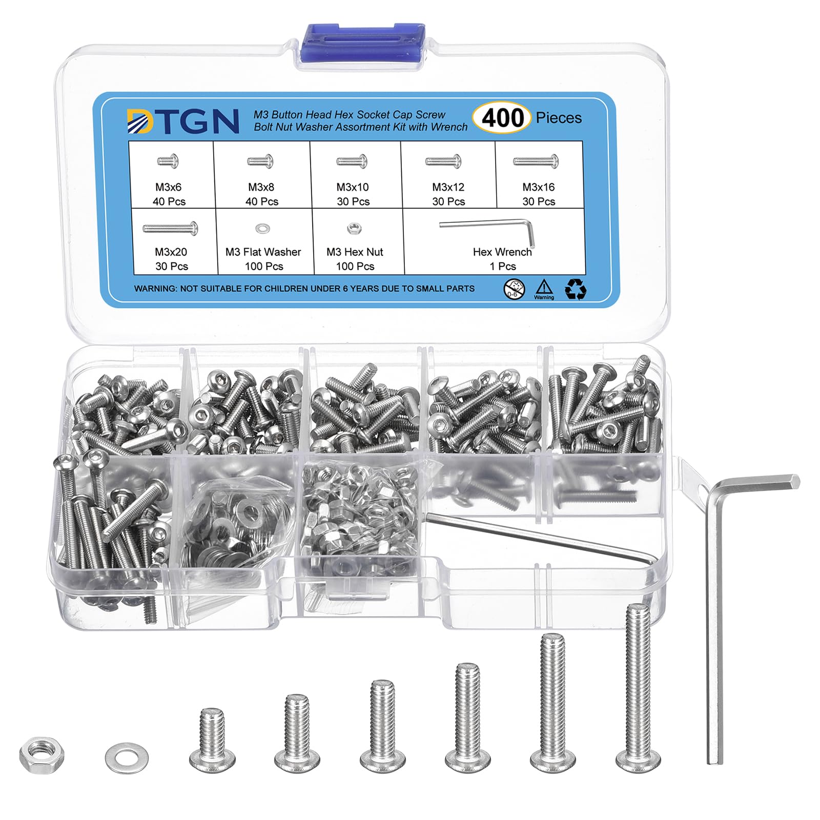 DTGN 400Pcs M3 Button Head Socket Cap Screws - 304 Stainless Steel Full Thread 6/8/10/12/16/20mm Bolt Nut Set Washer Assortment Kit & Wrench - Good for Machine, Furniture