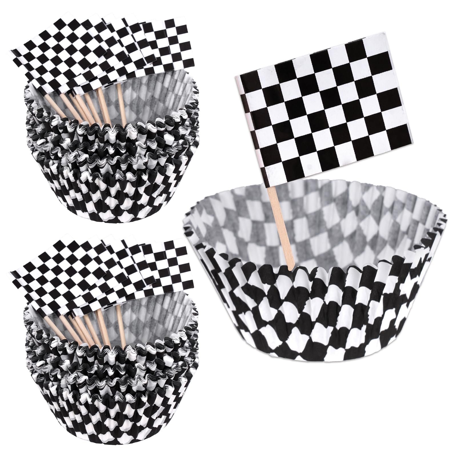 Photo 1 of 100Pcs Checkered Cupcake Liners and 100Pcs Checkered Flag Cupcake Toppers, Racing Car Theme Party Decorations Supplies (Black and White)