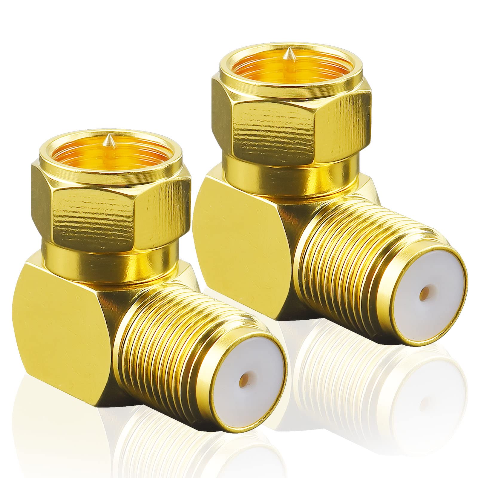 Photo 1 of onelinkmore RG6 Adapter Right Angle Coax Connector, F Type Coaxial 90 Degree Elbow Golden Premium Texture Coax Male to Female Cable Connector for Wall Plates, Wall Mounted TV,Coaxial Cable Pack of 2