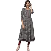 Yash Gallery Women's Cotton Floral Print Anarkali Kurtis For Summer | Round Neck,3/4 Sleeves,Vertical Front Accent,Decorative Arm Bands,Patterned Lower Panel,Generous Sweep,Classic Indian Look