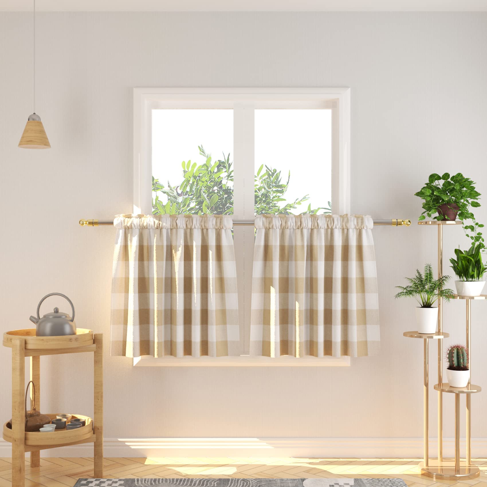 Photo 1 of NATUS WEAVER Buffalo Check Kitchen Tier Curtais 24 inches Long Plaid Gingham Rod Pocket Classic Cafe Curtains Country Farmhouse Kitchen Half Window Curtains 2 Panels Beige & White