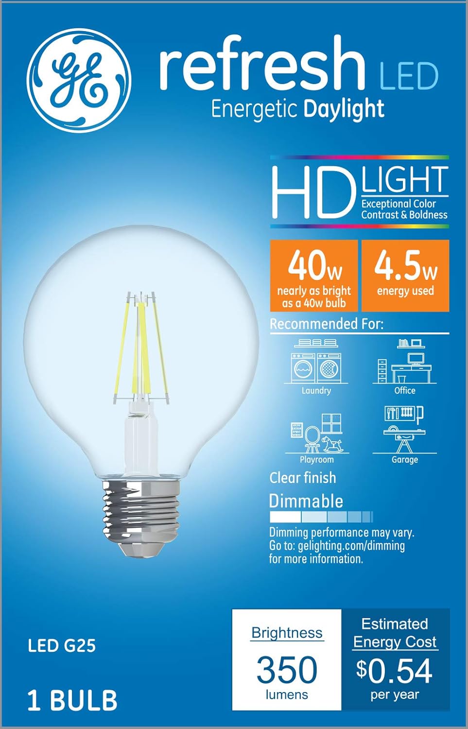 GE Lighting 36948 Clear Finish Light Bulb Refresh HD Dimmable LED G25 Decorative Globe 4.5 (40-Watt Replacement), 350-Lumen Medium Base, 1-Pack, Daylight