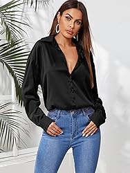 MakeMeChic Women's Satin Silk Long Sleeve Blouse
